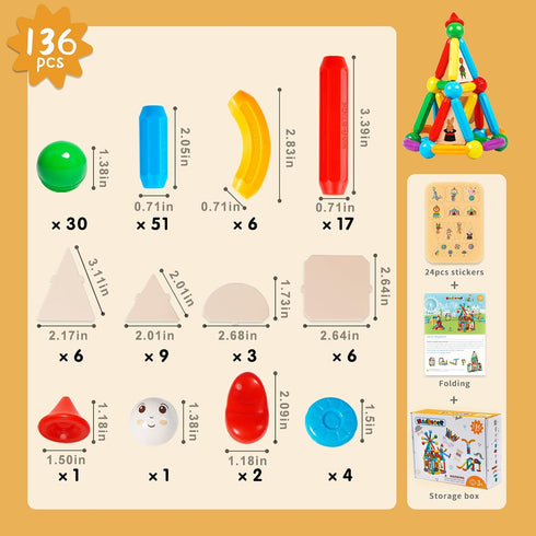 MAGBLOCK 136PCS Magnetic Sticks Blocks - Construction Building Toys for 3+ Years Old, STEM Educational Gifts