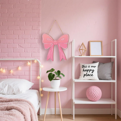 KOYILTD Pink Bow Decor Cute Bow Wooden Hanging Sign Pink Room Decoration Wooden Coquette Wall Art Preppy Room Decor