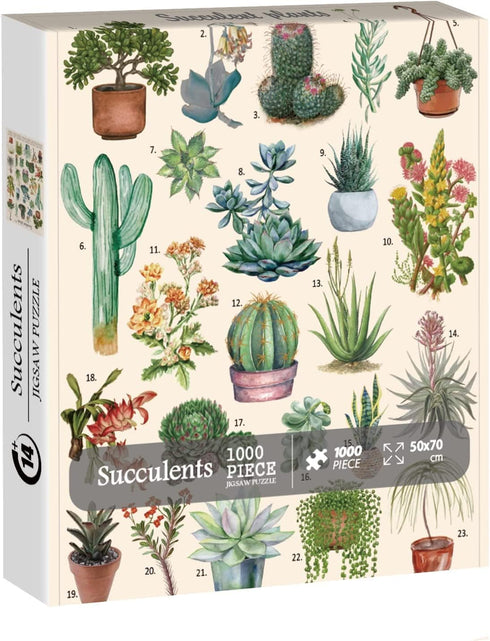 Vintage Succulent Puzzles for Adults 1000 Pieces, House Plants Puzzle Nature Featuring 23 Succulent Plants, Cactus Jigsaw Puzzle Botanical