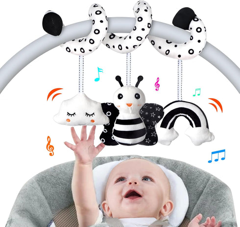 Car Seat Toys - Infant Baby Spiral Activity Hanging Toys for Stroller & Crib with BB Squeaker and Rattles (Bee)
