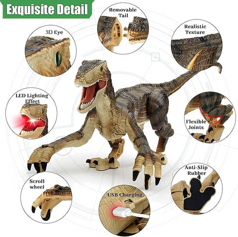 Mini Tudou Remote Control Dinosaur Toys, 2.4Ghz Velociraptor Robot with LED Light Up & Realistic Sounds for Boys Kids