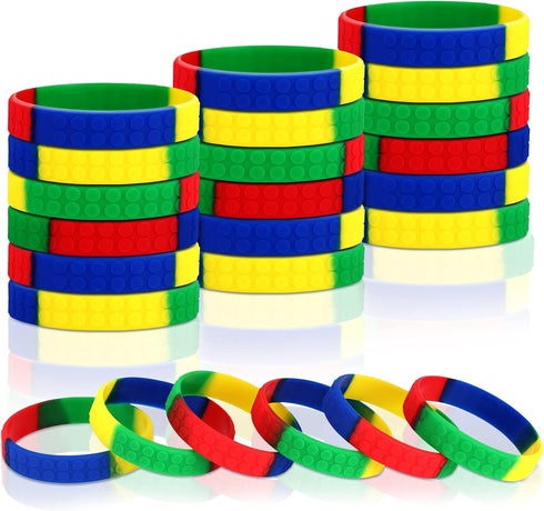 Charniol 48 Pack Color Brick Party Favors Kids Silicone Bracelet Building Block Wristbands