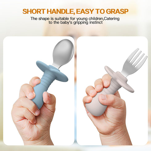 4 Pcs Toddler Utensils Set, Stainless Steel Childrens Silverware with Round Handle, BPA Free, Anti-Choke Design, Lite