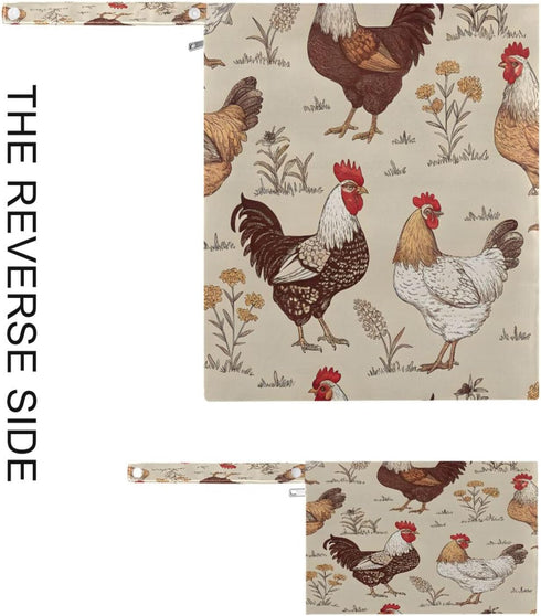 Haskirky 2 Rustic Roosters Pcs Cloth Diaper Wet Dry Bags,Waterproof and Washable Bag for Travel Reusable Wet Bag