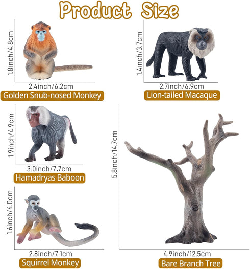 15PCS Set Toymany Monkey Primates Figurines, Plastic Jungle Animals Included Tree Monkey Ape Tree Chimpanzee Gorilla