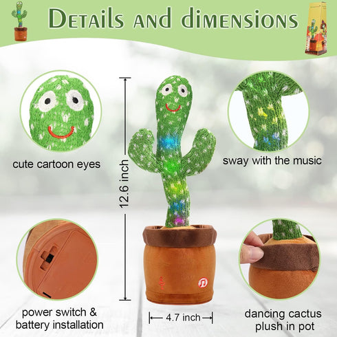 Emoin Dancing Cactus Toy, Cute Plushies Talking Baby Toy for 0-6 Months, Sensory Musical Toy for Babies