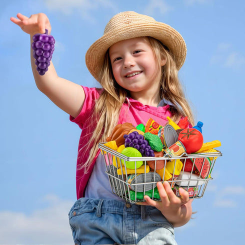 55 Set 1-3 4-8, Pcs Grocery Store Pretend Play Food with Shopping Basket for Kids Toddlers Kids Play Kitchen