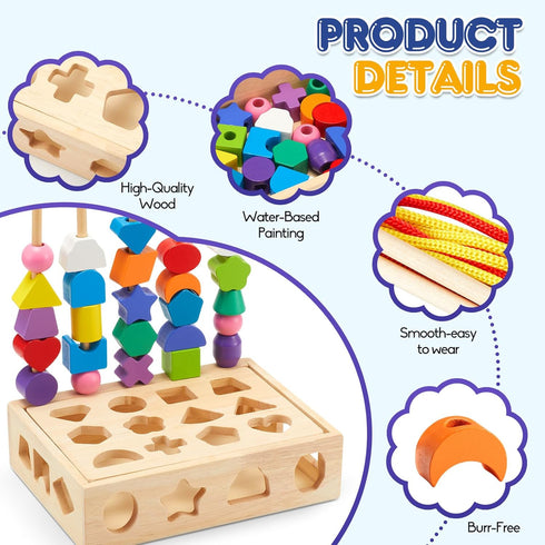 Montessori Educational Wooden Toys for Toddler 3-5 Years - Lacing Beads, Stacking Blocks, Shape Sorting Gifts for Kids