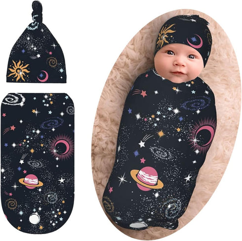 Osvbs Space Galaxy Newborn Swaddle Blanket with Beanie Set, Soft and Stretchy Baby