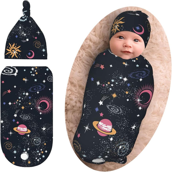 Osvbs Space Galaxy Newborn Swaddle Blanket with Beanie Set, Soft and Stretchy Baby