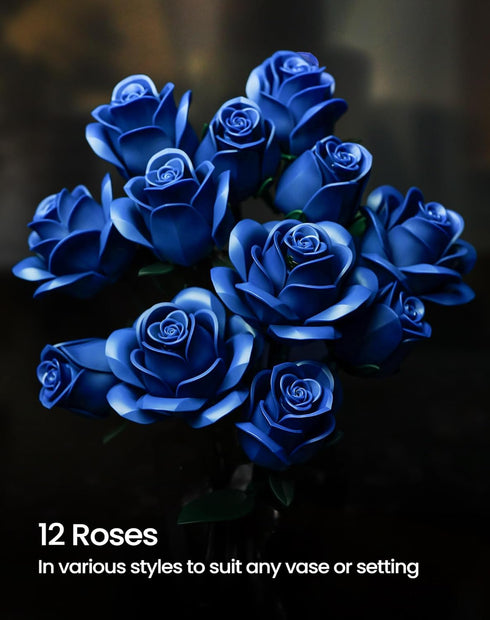 iATOM Set, 12Pcs Blue Rose Bouquet Building Flowers Botanical Collection for Adults