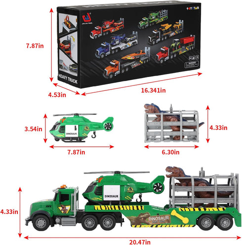 3 4 5 6+ Kids Dinosaurs Semi Trailer Truck Toys, Large Semi Flatbed Truck Toy with Helicopter and Dinosaurs, Lights