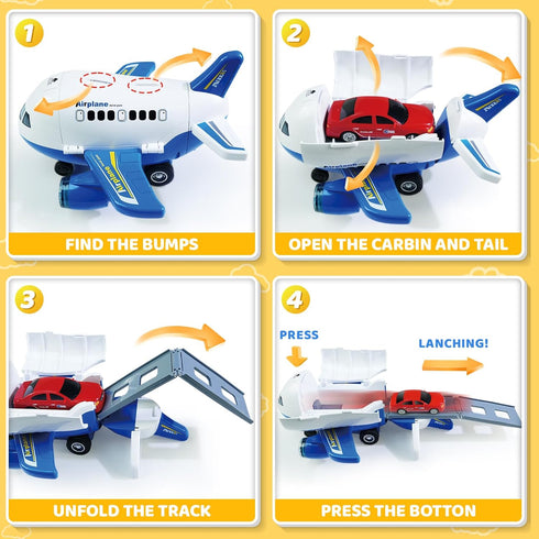 3 4 5 6 Beestech Airplane Toys with Runway and Car, Friction Powered Launcher Plane Toys for Boys Girls Kids Toddlers