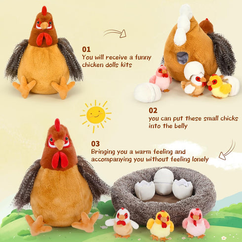Egg Laying Hen Chicken Stuffed Animal Plush Toys, Stuffed Chicken with Baby Chicks and Coop, Kids Chicken Toys for