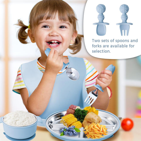 HORNORM 7 304 Set Pieces Stainless Steel Baby & Toddler Feeding - Suction Divided Plates, Bowls, Silicone & Stainless