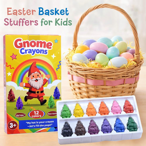 VKTEN 12 Pack 3D Set Easter Basket Stuffers for Kids Gnome Crayons, Chunky Toddler Crayons for Little Hands, Cute