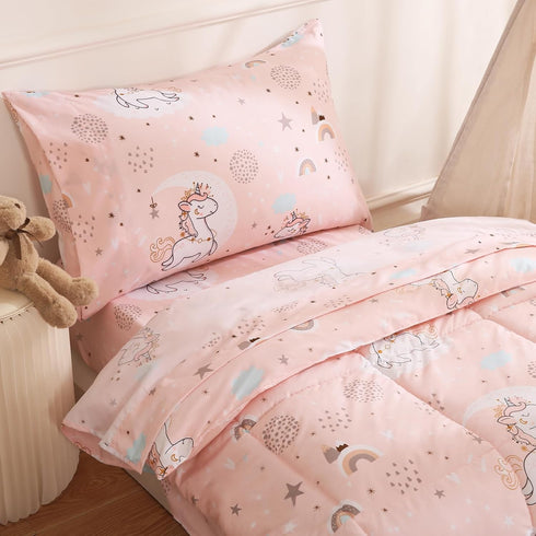 Set, 4 Set, JSD Pink Unicorn Toddler Bedding Piece Bed-in-a-Bag Toddler Microfiber Comforter Sheet All Season Machine