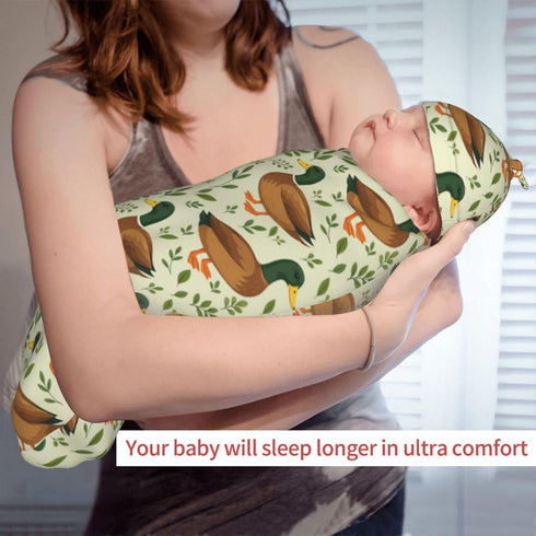 Set KiuLoam Cute Mallard Duck Leaf Animal Print Newborn Swaddle Blanket with Hat Soft Newborn Receiving Blankets Baby