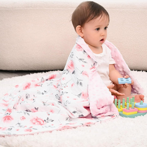 30x40 Inches, david's kids Muslin Minky Baby Blanket for Girls with Muslin Cotton Front and Dotted Fleece Backing