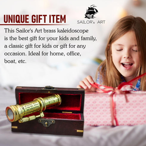 Polished Brass Kaleidoscope with Handheld Stick & Wooden Box, Vintage Educational Collection, 5.5 Inch Antique Gift
