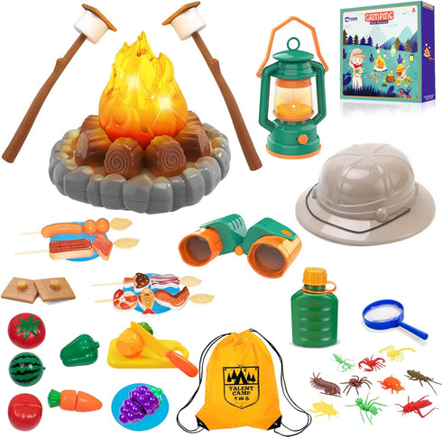 MITCIEN Camping Toys for Kids, Pretend Campfire, Lantern, Safari Hat, Binoculars, Bottle,