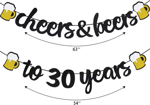 Joymee Cheers to 30 Years Black Glitter Banner for 30th Birthday, Wedding Anniversary Party Supplies Decorations