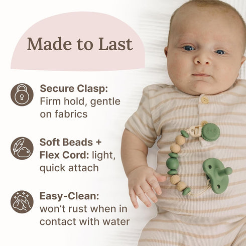 100% Silicone Pacifier Clip Metal-Free, Rust-Free, Food-Grade Silicone and Natural Beech Wood, Secure Pacifier Holder