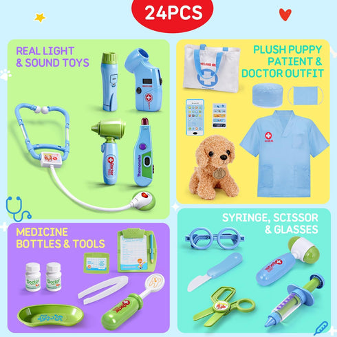 Set 3 4 5 6 Meland Toy Doctor Kit for Kids - Pretend Play Doctor with Dog Toy, Carrying Bag, Stethoscope Toy & Dress Up