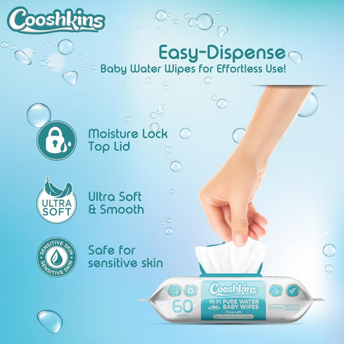 COOSHKINS 99.9% (60 Count (Pack 3)) De-Chlorinated Pure Water Baby Wipes | Gentle Unscented Wipes for Sensitive Skin |