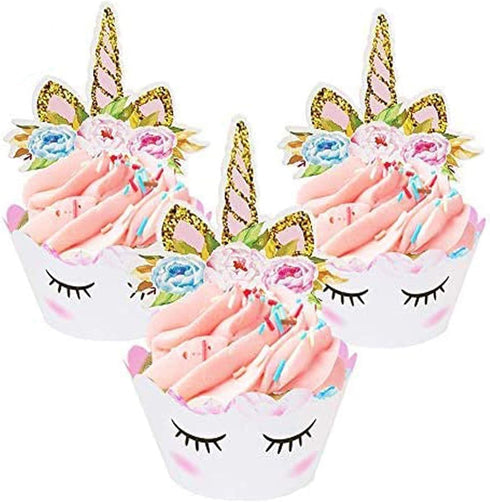 Unicorn Cupcake Toppers and Wrappers - 40 Reversible Rainbow Liners with Cute Decorations for Birthday Party
