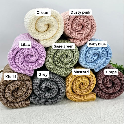 Cozy 30x30 Personalized Baby Knit Blanket Custom Embroidered Name, Heart Pattern, Soft Cotton Yarn, & Breathable