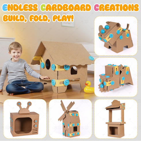 Zentara Set, 232-Piece Kids Cardboard Tool STEM Building Kit with Safe Wooden Cutter, Reusable Bolts & Nuts, Hinges