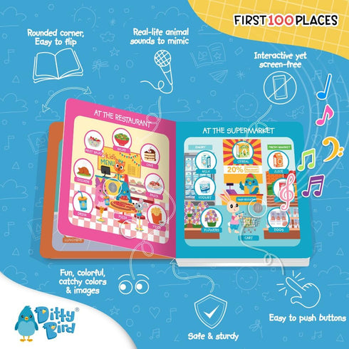 Ditty Bird Talking Books 100 Places, Vocabulary & Speech Learning Sound Books for Toddlers 1-3, Interactive Books