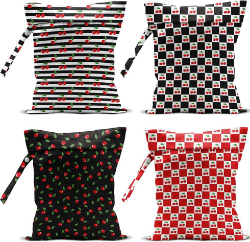 VBCVBGFH 4 Pack Cute Checkered Stripe Cherry Wet Bag Waterproof Washable Reusable Wet
