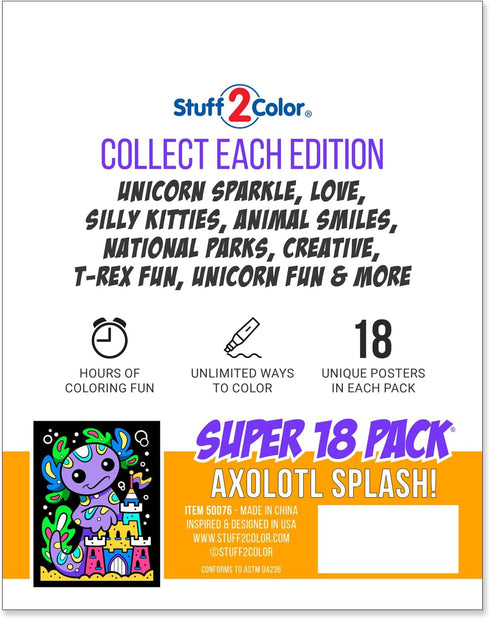Stuff2Color Pack 18 Axolotl Splash! Fuzzy Velvet Coloring Posters Super of Cute Axolotl & Ocean Animal Coloring Pages