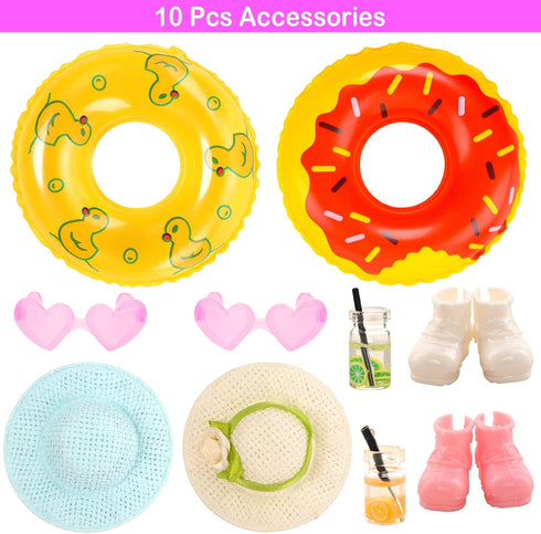Mini 5.3 Inch Doll Clothes & Accessories Set with 6 Beach Swimsuits, 3 Dresses, 2 Swimming Rings, 2 Drinks, 2 Hats, 2