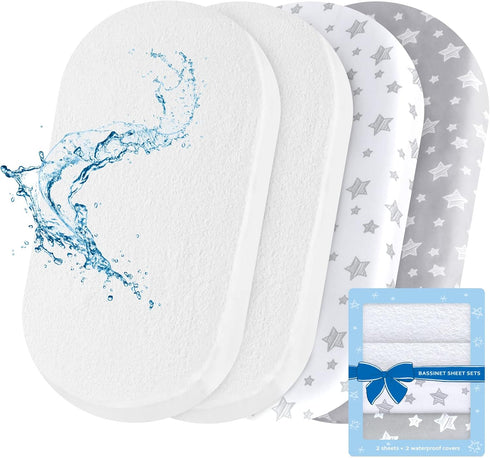 Bassinet Sheets & Waterproof Bassinet Mattress Pad Protector 4 Pack Set, Viscose