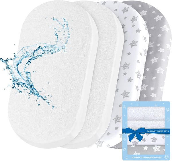 Bassinet Sheets & Waterproof Bassinet Mattress Pad Protector 4 Pack Set, Viscose