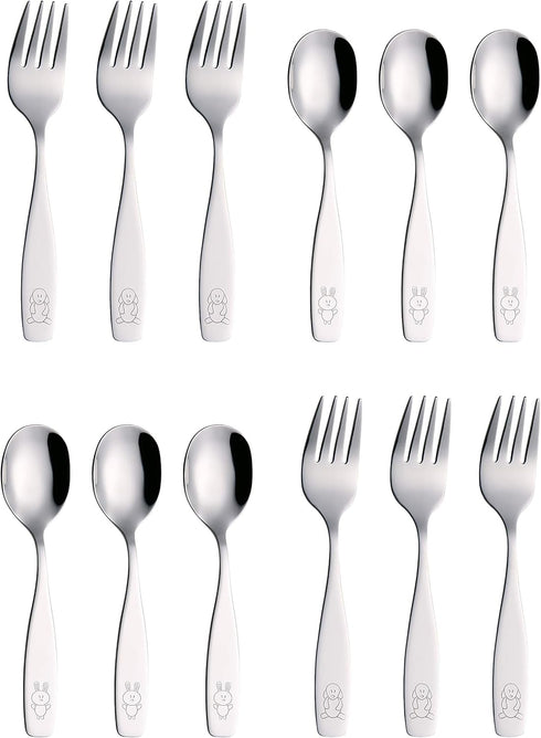 ANNOVA Kids Silverware 12 Pieces - Children's Safe Flatware Set, Stainless Steel, 6 Forks & 6 Dinner Spoons (Engraved