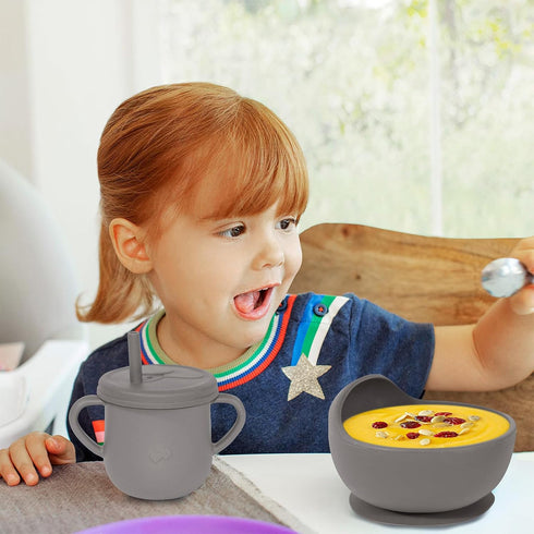 100% Silicone Baby Feeding Set - BPA Free Baby Dishes Set with Suction Bowl, Plate, Spoons, Forks - Light Brown