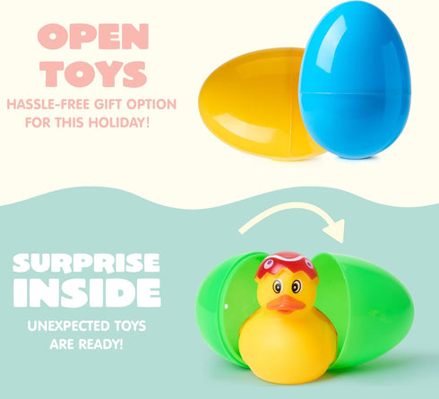 24 JOYIN Pcs Prefilled Easter Eggs with Rubber Ducks, Variety Duckies for Easter Egg Hunt, Kids Basket Stuffer, Bath
