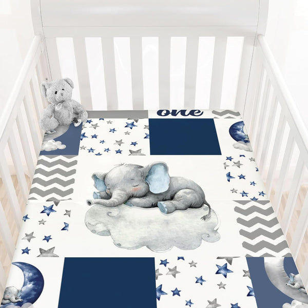 HawSkgFub Navy Blue Sleeping Elephant Fitted Standard Crib Sheet Baby Boy, Dream