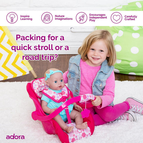 Adora Baby Doll Car Seat - Removable Seat Cover, Machine Washable, Fits Dolls & Plush Animals Up To 20” - Pink Flower