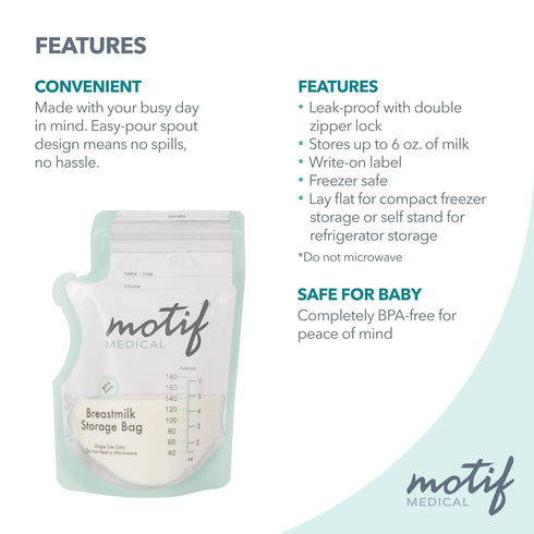Motif Medical Breastmilk Storage Bags - Leak-Proof Double Zipper Milk Bags with Easy Pour Spout, 40 Count