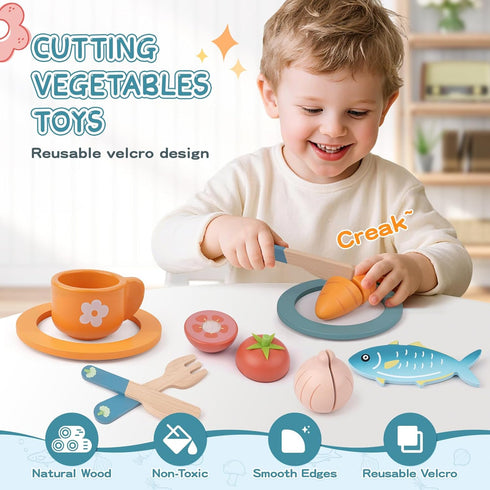 3 4 5 6 Wooden Play Kitchen Accessories - Pretend Play Food for Toddlers with Dishes Pots & Pans for Year Old, Cutting
