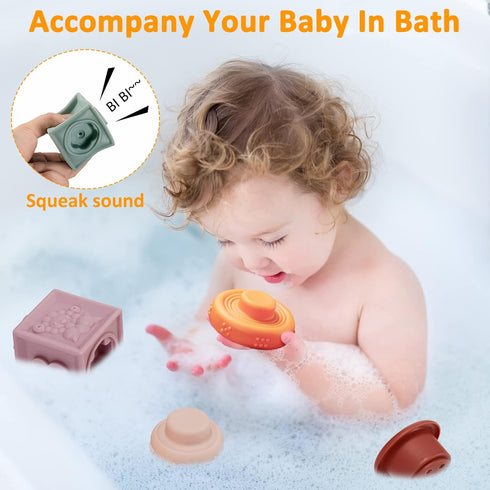 Charniol 3 Set Montessori Toys for Babies, Soft Baby Stacking Block and Silicone Ring Stacker