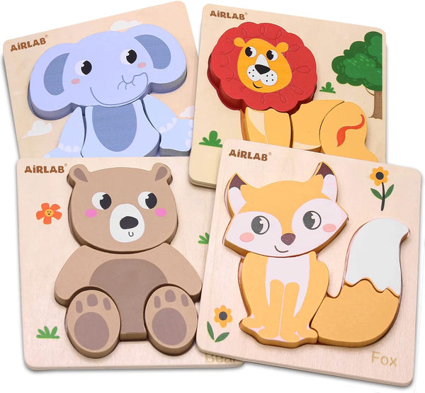 Wooden Puzzles for Toddlers 1 2 3 Year Old, Animals Shape Puzzle Toys, Travel Gift for Kids, Pack of 4
