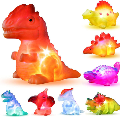 8 Pack Light Up No Hole Dinosaur Bath Toy Set, Color Changing Floating Dino Pool Toy for Baby Toddler Kids
