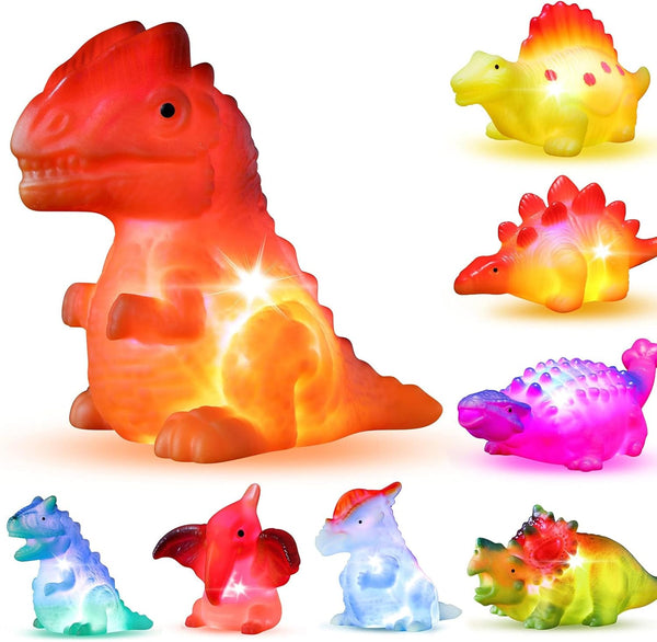 8 Pack Light Up No Hole Dinosaur Bath Toy Set, Color Changing Floating Dino Pool Toy for Baby Toddler Kids