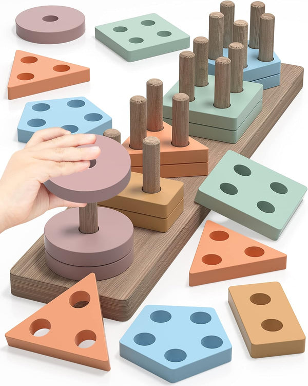 Montessori Toys for 1 2 3 Years Old, Wooden Sorting and Stacking Educational Learning Toy for Kids